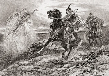 Szene aus William Shakespeares Stück Macbeth, Akt I, Szene 3, Erste Hexe: Heil dir, Macbeth! Heil dir, Than von Glamis, aus Die Werke von William Shakespeare, veröffentlicht 1896